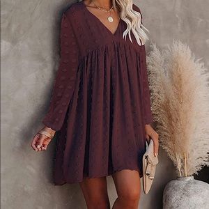 KIRUNDO Women‘s Long Sleeves Short V Neck Swiss Dot Loose Fit Babydoll Dress